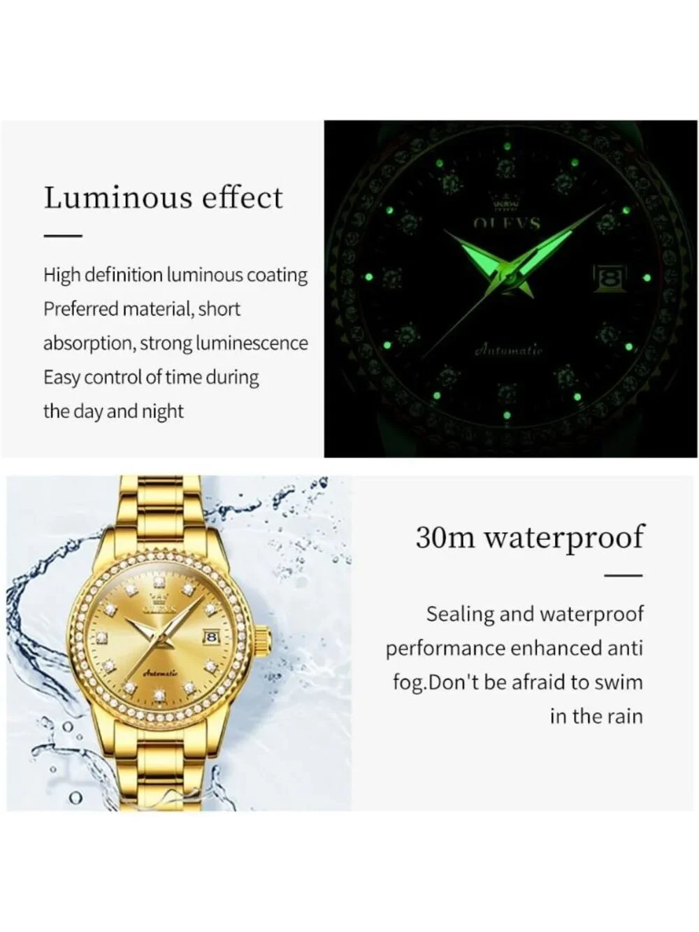 Women's Gold Automatic Diamond Luxury Mechanical Stainless Dress Wrist Watches
